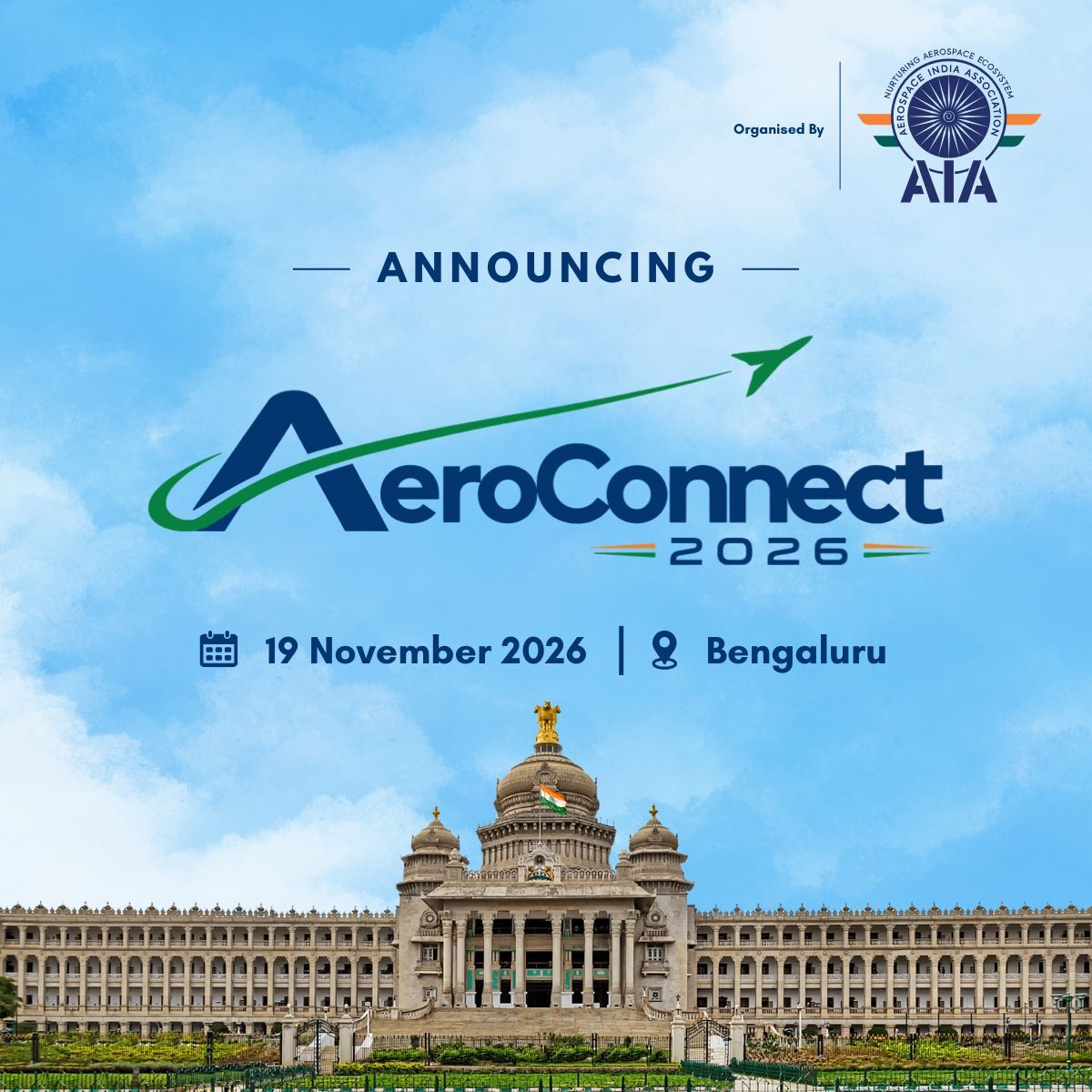 Official AeroConnect 2026 announcement artwork, with the AeroConnect logo and Bengaluru’s Vidhana Soudha
